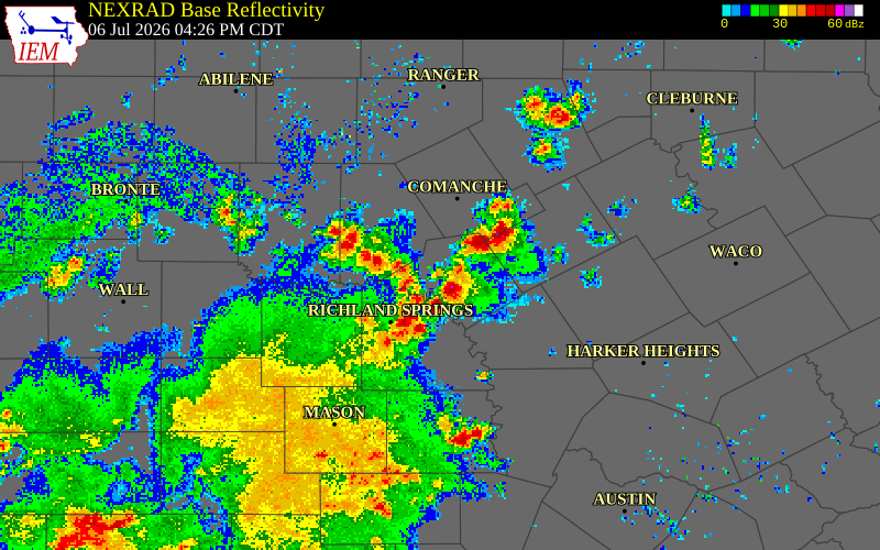 NEXRAD radar during the Monday, July 6, 2026 storm activity in Mills County, Texas