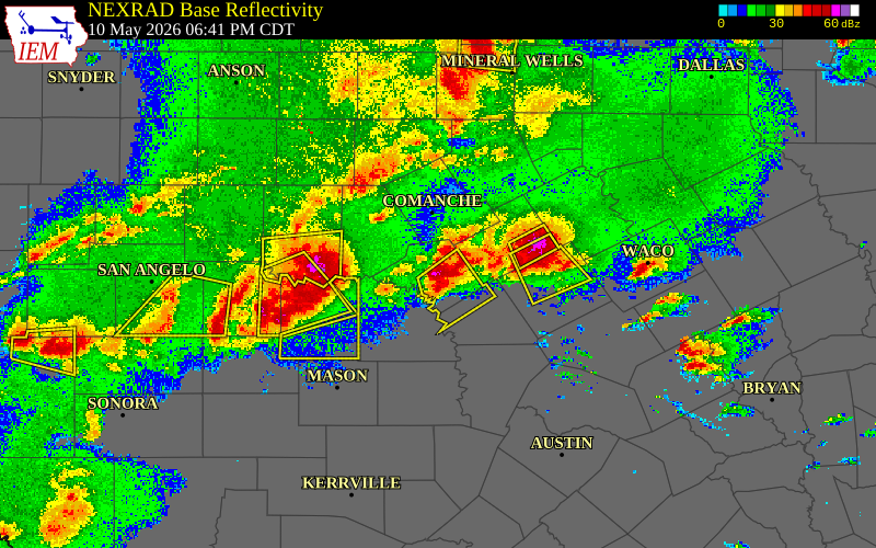 Radar snapshot during the May 10, 2026 hail event near 3 N Goldthwaite, Mills County, Texas, with NWS warning polygons