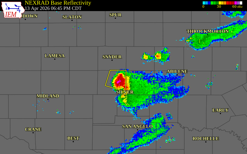 NEXRAD radar during the Monday, April 13, 2026 storm activity in Mitchell County, Texas