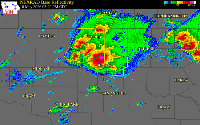 NEXRAD radar during the Sunday, May 10, 2026 storm activity in Mitchell County, Texas