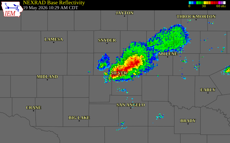 NEXRAD radar during the Tuesday, May 19, 2026 storm activity in Mitchell County, Texas