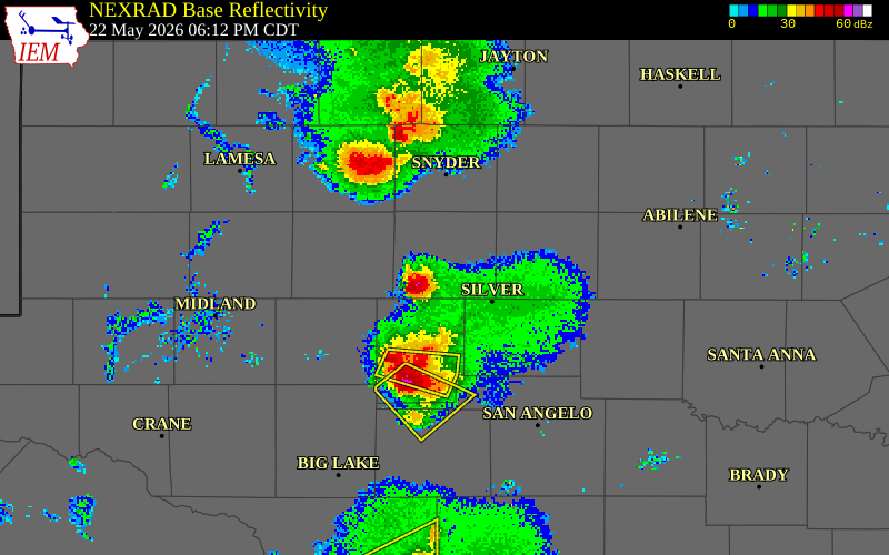 NEXRAD radar during the Friday, May 22, 2026 storm activity in Mitchell County, Texas