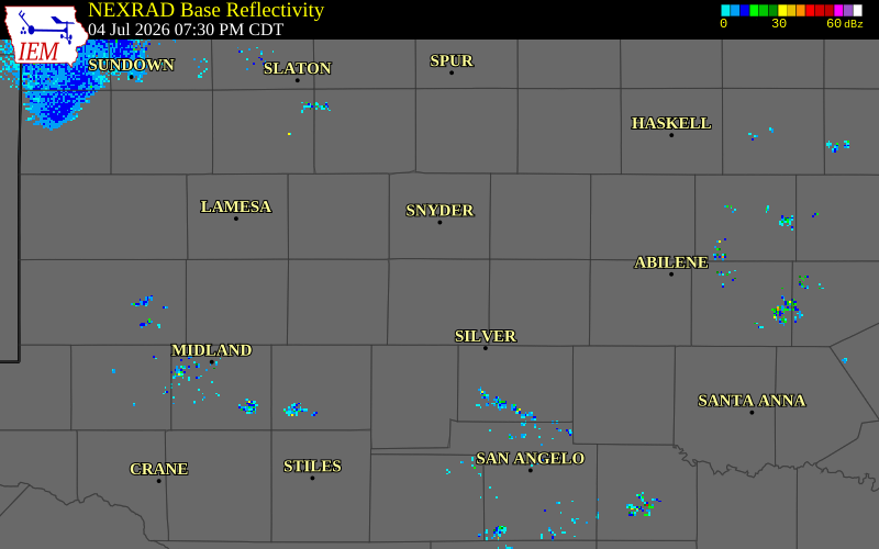 NEXRAD radar during the Saturday, July 4, 2026 storm activity in Mitchell County, Texas