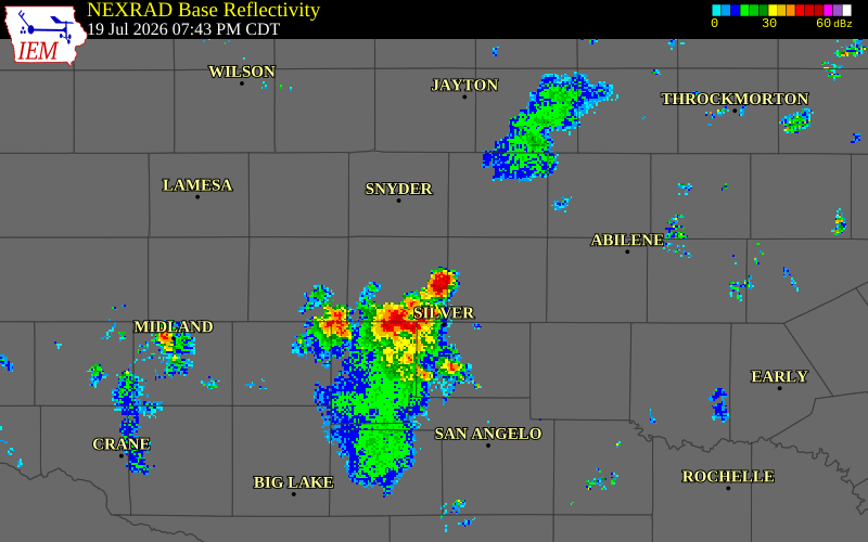 NEXRAD radar during the Sunday, July 19, 2026 storm activity in Mitchell County, Texas