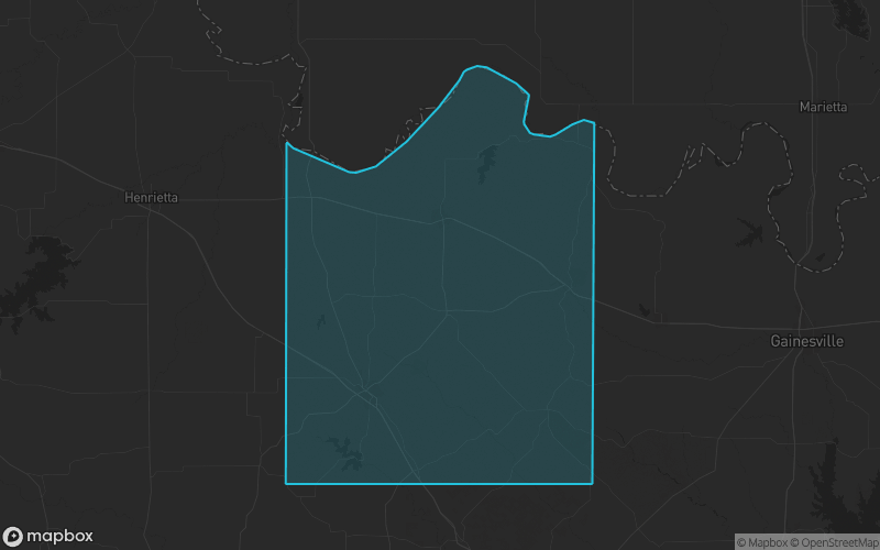 Map of Montague County, Texas showing the county boundary and surrounding cities