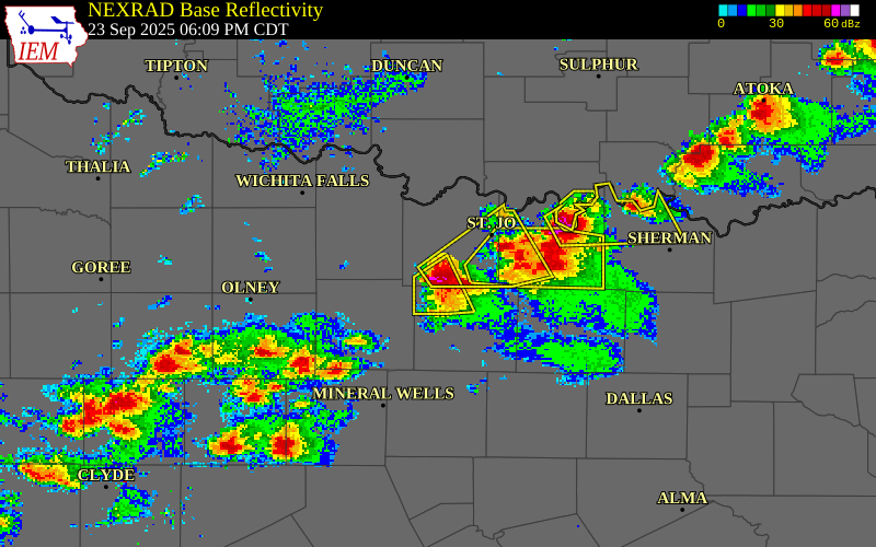 NEXRAD radar during the Tuesday, September 23, 2025 storm activity in Montague County, Texas