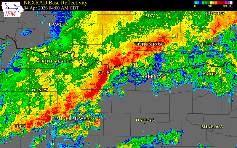 NEXRAD radar during the Saturday, April 4, 2026 storm activity in Montague County, Texas