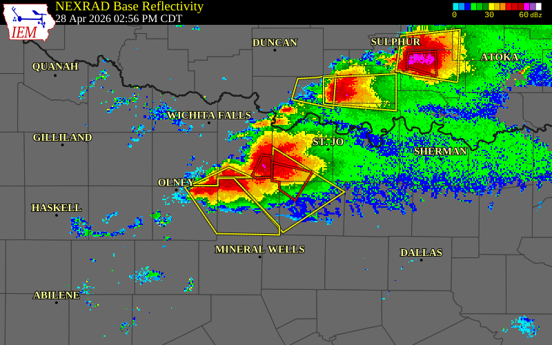 NEXRAD radar during the Tuesday, April 28, 2026 storm activity in Montague County, Texas