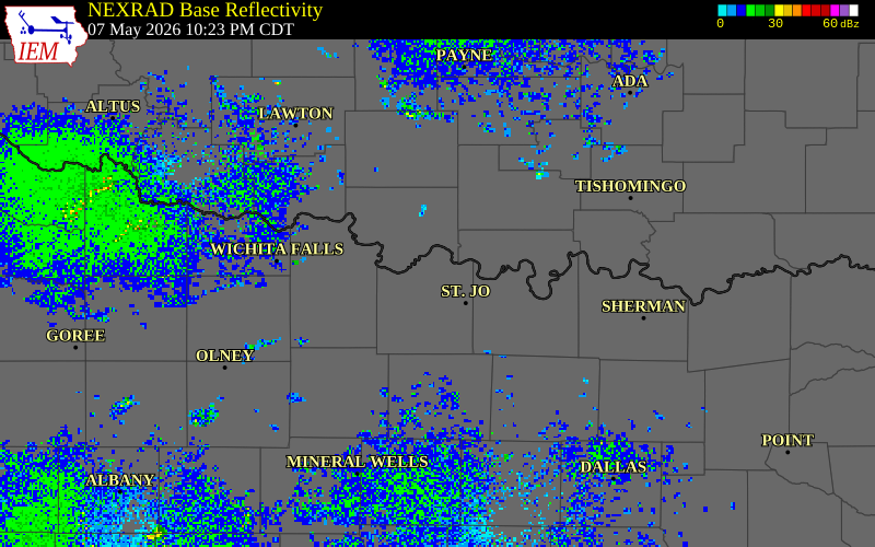 NEXRAD radar during the Thursday, May 7, 2026 storm activity in Montague County, Texas