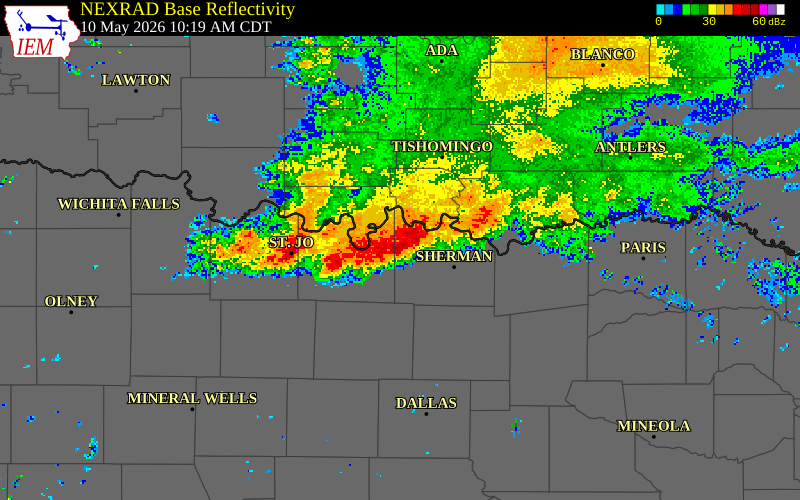 NEXRAD radar during the Sunday, May 10, 2026 storm activity in Montague County, Texas