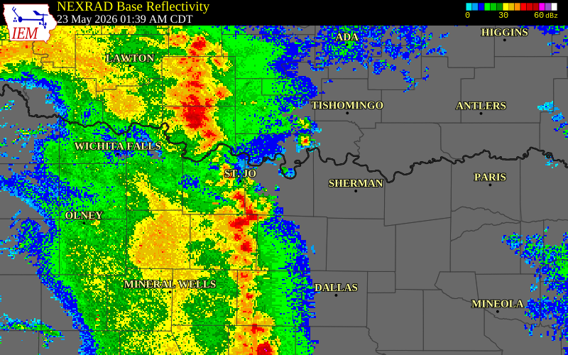 NEXRAD radar during the Saturday, May 23, 2026 storm activity in Montague County, Texas