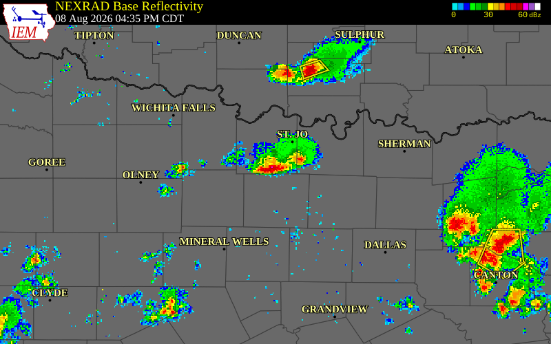 NEXRAD radar during the Saturday, August 8, 2026 storm activity in Montague County, Texas