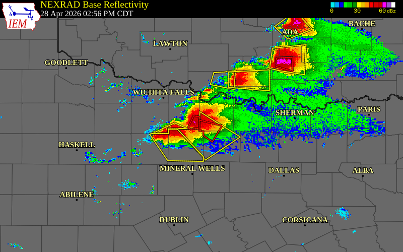 Radar snapshot during the Apr 28, 2026 tornado event near 7 WSW Bowie, Montague County, Texas, with NWS warning polygons