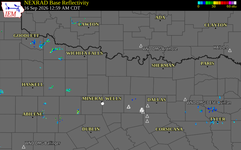 Current NEXRAD radar over Montague County, Texas with recent storm report locations