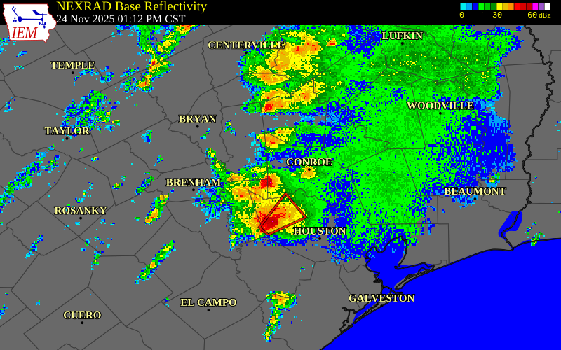 NEXRAD radar during the Monday, November 24, 2025 storm activity in Montgomery County, Texas
