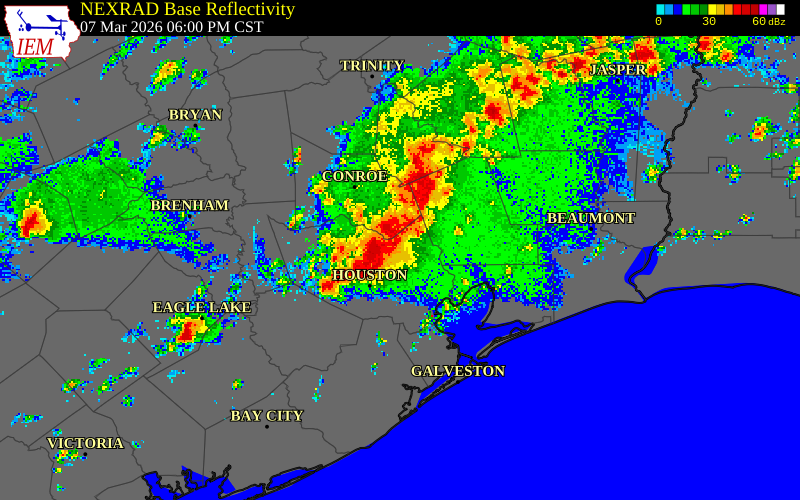 NEXRAD radar during the Saturday, March 7, 2026 storm activity in Montgomery County, Texas