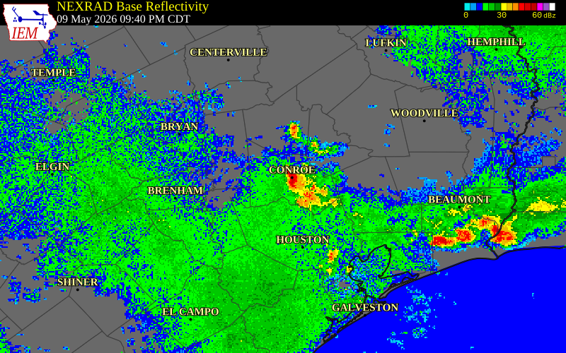 NEXRAD radar during the Saturday, May 9, 2026 storm activity in Montgomery County, Texas