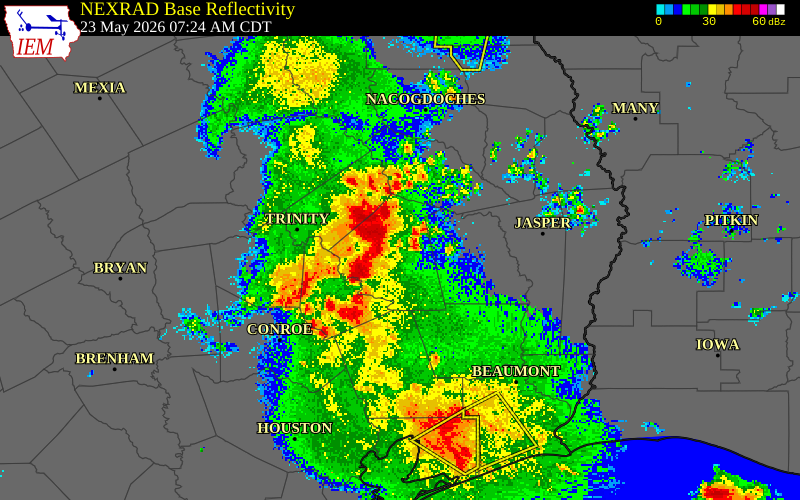 NEXRAD radar during the Saturday, May 23, 2026 storm activity in Montgomery County, Texas