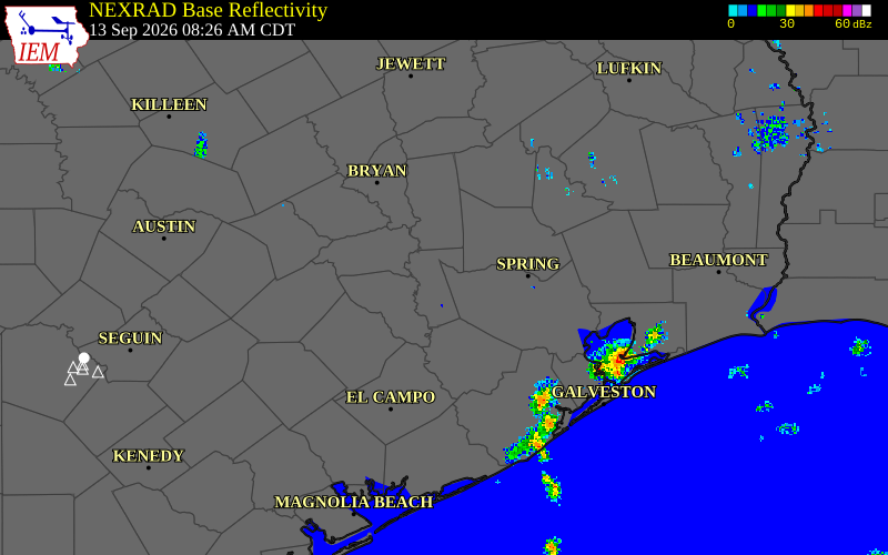 Current NEXRAD radar over Montgomery County, Texas with recent storm report locations