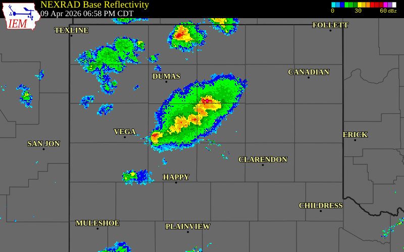 NEXRAD radar during the Thursday, April 9, 2026 storm activity in Moore County, Texas