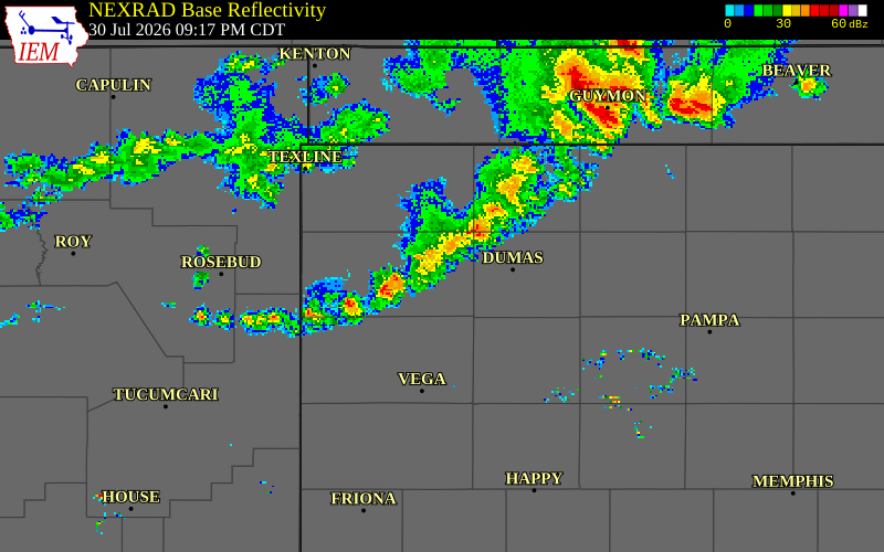 NEXRAD radar during the Thursday, July 30, 2026 storm activity in Moore County, Texas