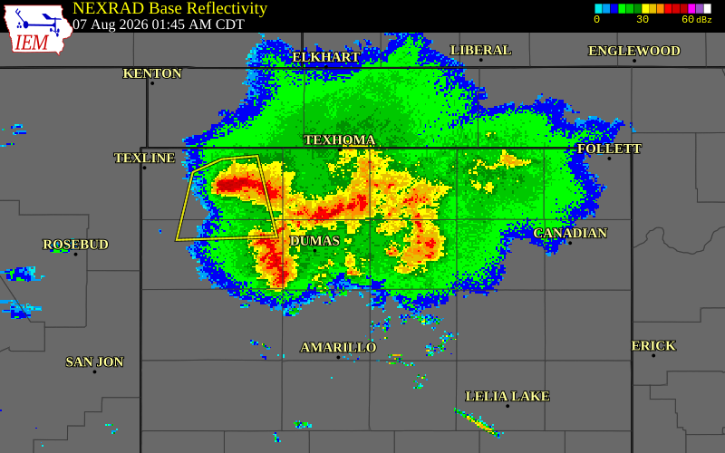 NEXRAD radar during the Friday, August 7, 2026 storm activity in Moore County, Texas