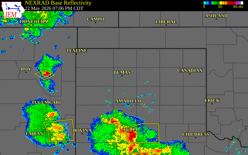 Radar snapshot during the May 22, 2026 wind event near 3 SE Dumas, Moore County, Texas, with NWS warning polygons