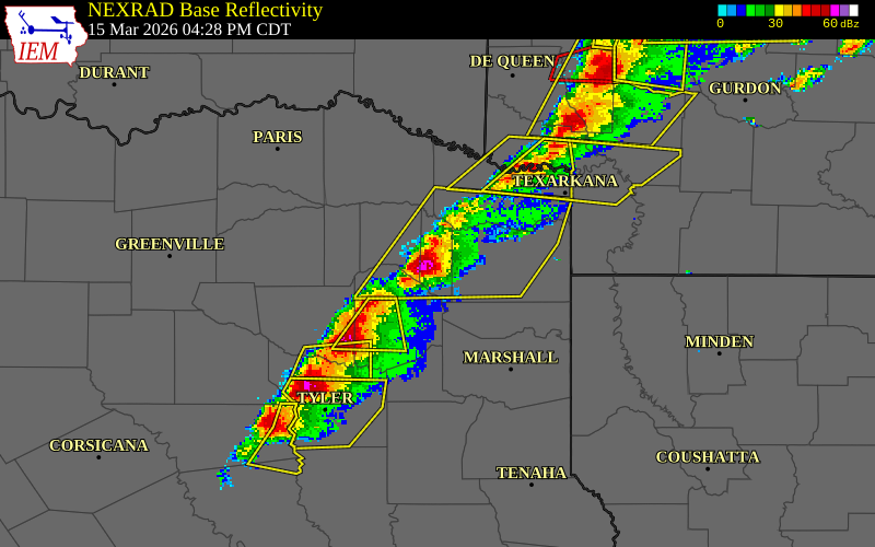 NEXRAD radar during the Sunday, March 15, 2026 storm activity in Morris County, Texas