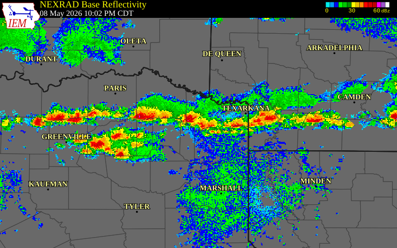 NEXRAD radar during the Friday, May 8, 2026 storm activity in Morris County, Texas
