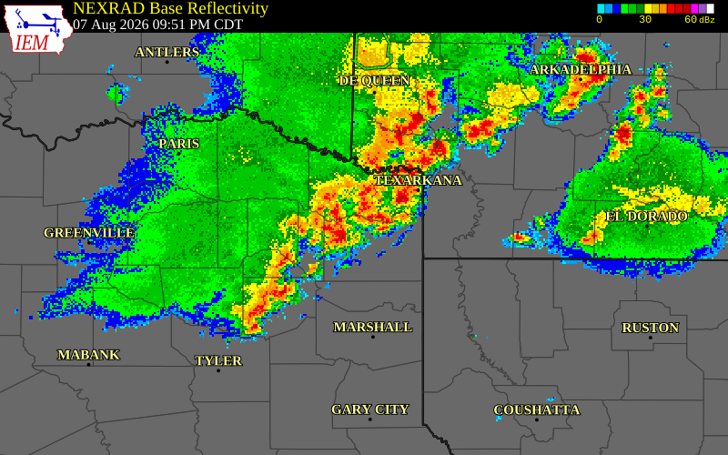 NEXRAD radar during the Friday, August 7, 2026 storm activity in Morris County, Texas