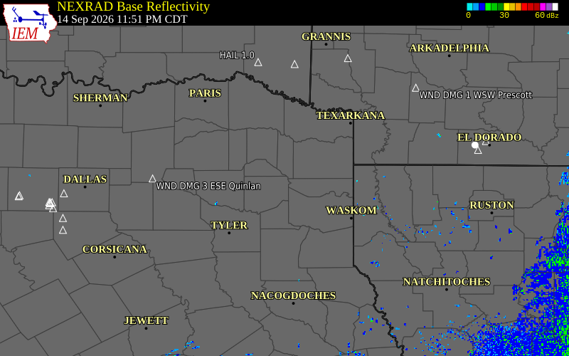 Current NEXRAD radar over Morris County, Texas with recent storm report locations