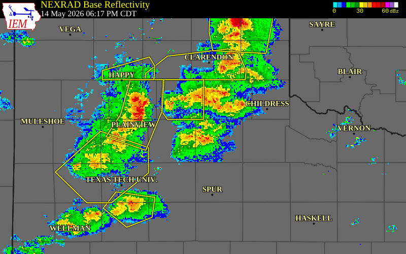 NEXRAD radar during the Thursday, May 14, 2026 storm activity in Motley County, Texas