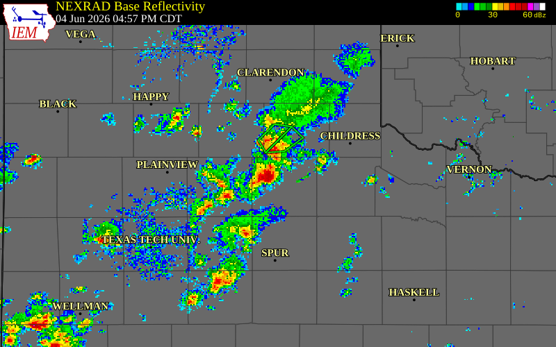 NEXRAD radar during the Thursday, June 4, 2026 storm activity in Motley County, Texas