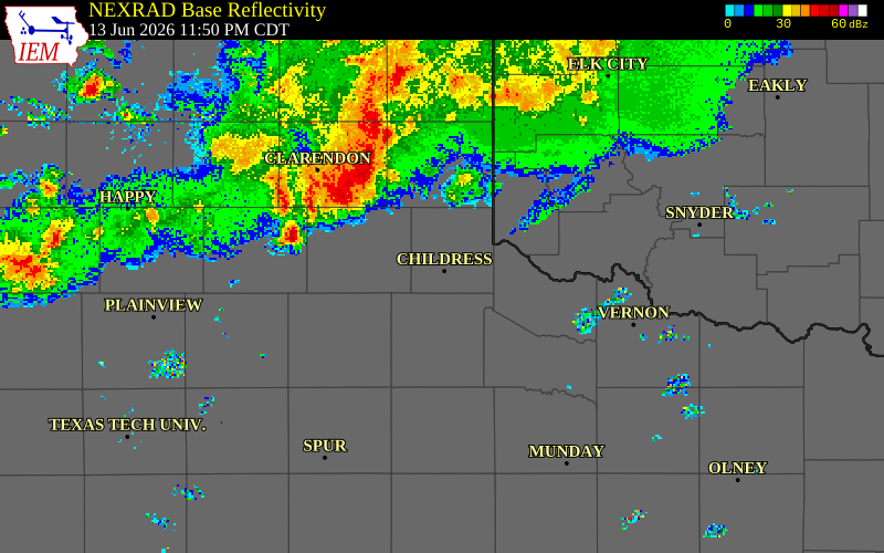 NEXRAD radar during the Saturday, June 13, 2026 storm activity in Motley County, Texas