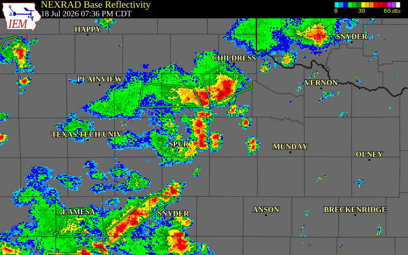 NEXRAD radar during the Saturday, July 18, 2026 storm activity in Motley County, Texas