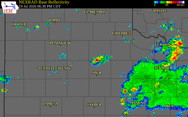 NEXRAD radar during the Sunday, July 19, 2026 storm activity in Motley County, Texas