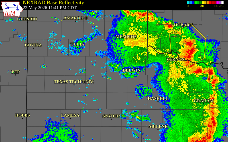 Radar snapshot during the May 22, 2026 wind event near 3 N Roaring Springs, Motley County, Texas, with NWS warning polygons
