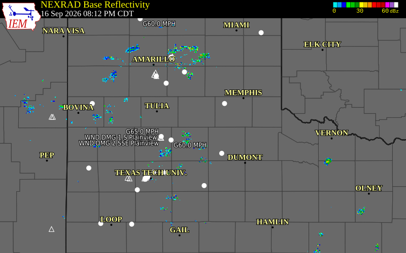 Current NEXRAD radar over Motley County, Texas with recent storm report locations