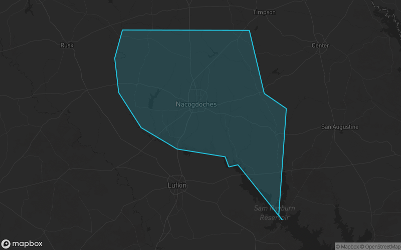 Map of Nacogdoches County, Texas showing the county boundary and surrounding cities