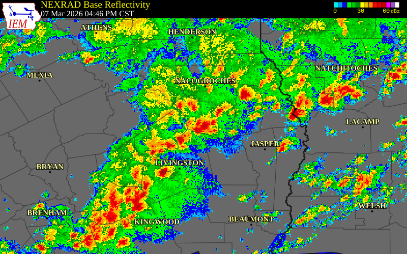 NEXRAD radar during the Saturday, March 7, 2026 storm activity in Nacogdoches County, Texas
