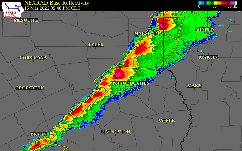 NEXRAD radar during the Sunday, March 15, 2026 storm activity in Nacogdoches County, Texas