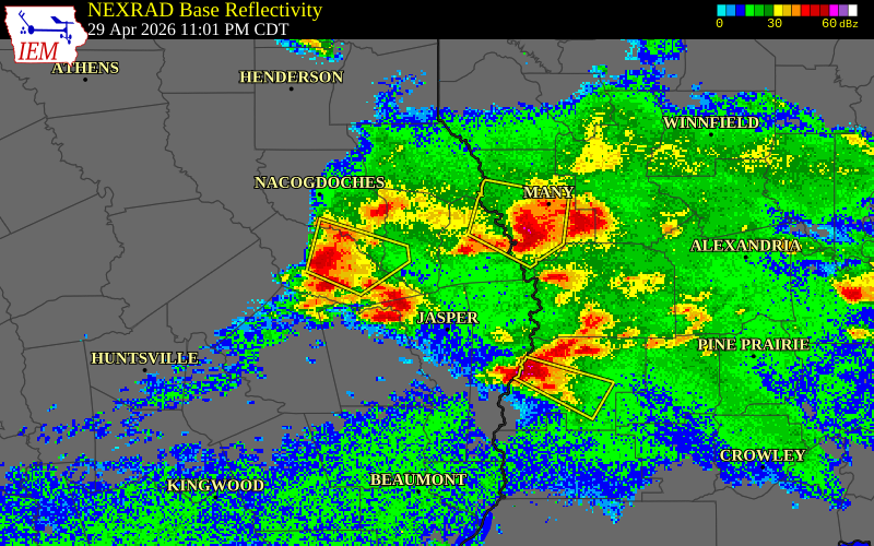 NEXRAD radar during the Wednesday, April 29, 2026 storm activity in Nacogdoches County, Texas