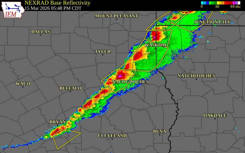 Radar snapshot during the Mar 15, 2026 hail event near Cushing, Nacogdoches County, Texas, with NWS warning polygons