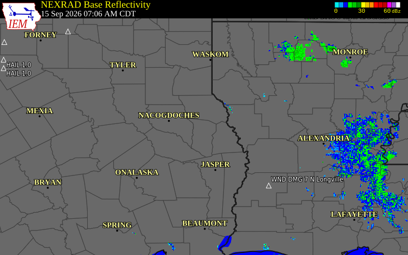 Current NEXRAD radar over Nacogdoches County, Texas with recent storm report locations