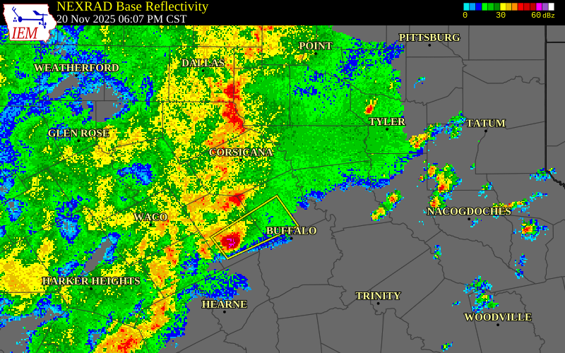 NEXRAD radar during the Thursday, November 20, 2025 storm activity in Navarro County, Texas