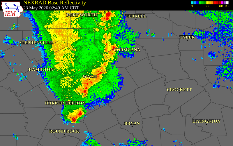 NEXRAD radar during the Saturday, May 23, 2026 storm activity in Navarro County, Texas
