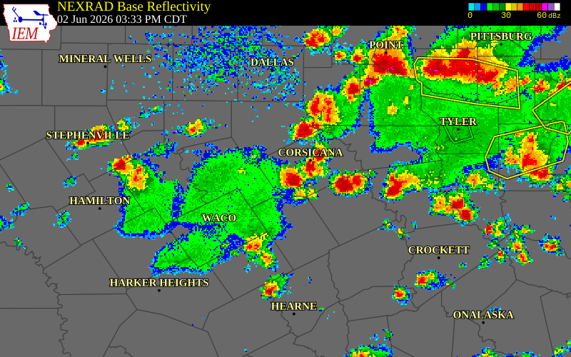 NEXRAD radar during the Tuesday, June 2, 2026 storm activity in Navarro County, Texas