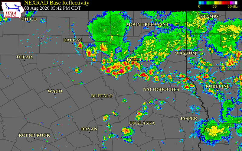 Radar snapshot during the Aug 8, 2026 wind event near Navarro County, Navarro County, Texas, with NWS warning polygons