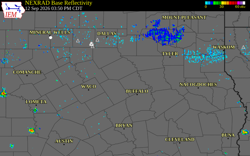 Current NEXRAD radar over Navarro County, Texas with recent storm report locations