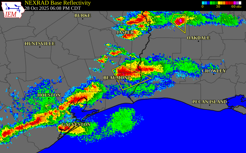 NEXRAD radar during the Tuesday, October 28, 2025 storm activity in Newton County, Texas
